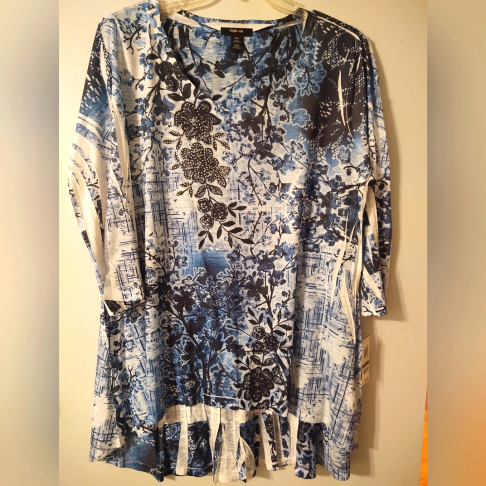Style&co. Tunic 3/4 sleeve top blue detail 2X NEW